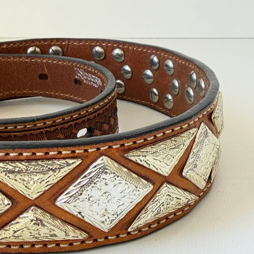 Vintage Nocona Western Belt Womens 30 Brown Tooled Leather Silver Concho Studded